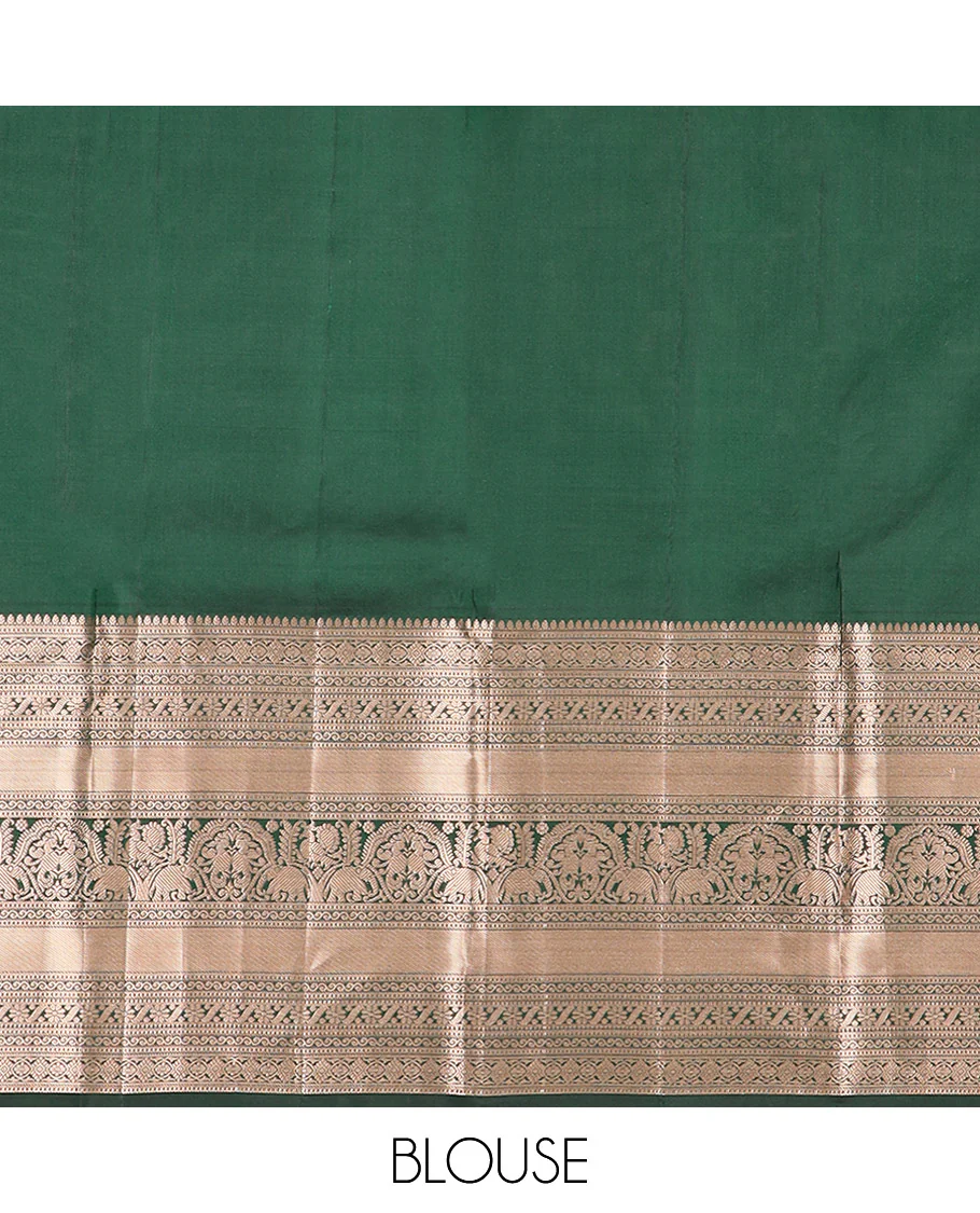 Green Kanchipuram Silk Saree Spotlighted with Jacquard Design, Highlighted by Zari Border of Thilakam, Diamond, Chakram, Cross Kamalam, Mayil, Yaanai, and Zari Designs, Pallu Pictures Big Yaali Designs, and Paired with a Matching Blouse - Image 6