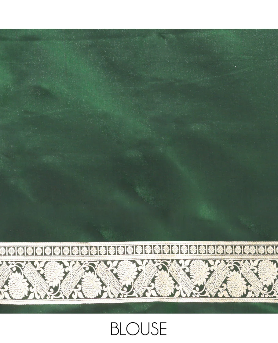 Green Semi-Banaras Saree, Spotlighted with Floral Buttas on Its Body, Highlighted by a Floral Creeper Border, Intricately Designed Pallu, and Paired with a Matching Blouse - Image 5