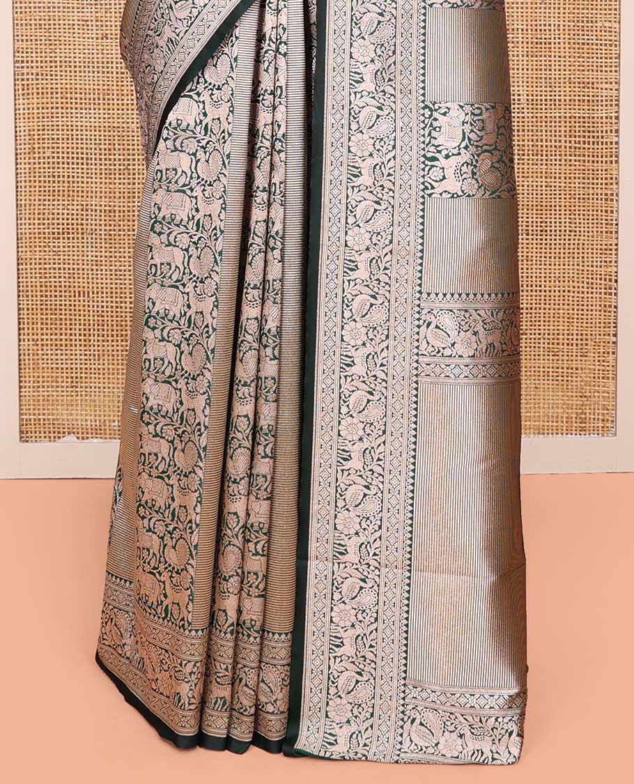 Green Semi-Banaras Silk Saree, Finely Designed with Animal-themed Jacquard Designs on Its Body, Highlighted by a Zari Border of Traditional Designs, Pallu Steeped with Stripes, and Paired with a Matching Blouse - Image 4