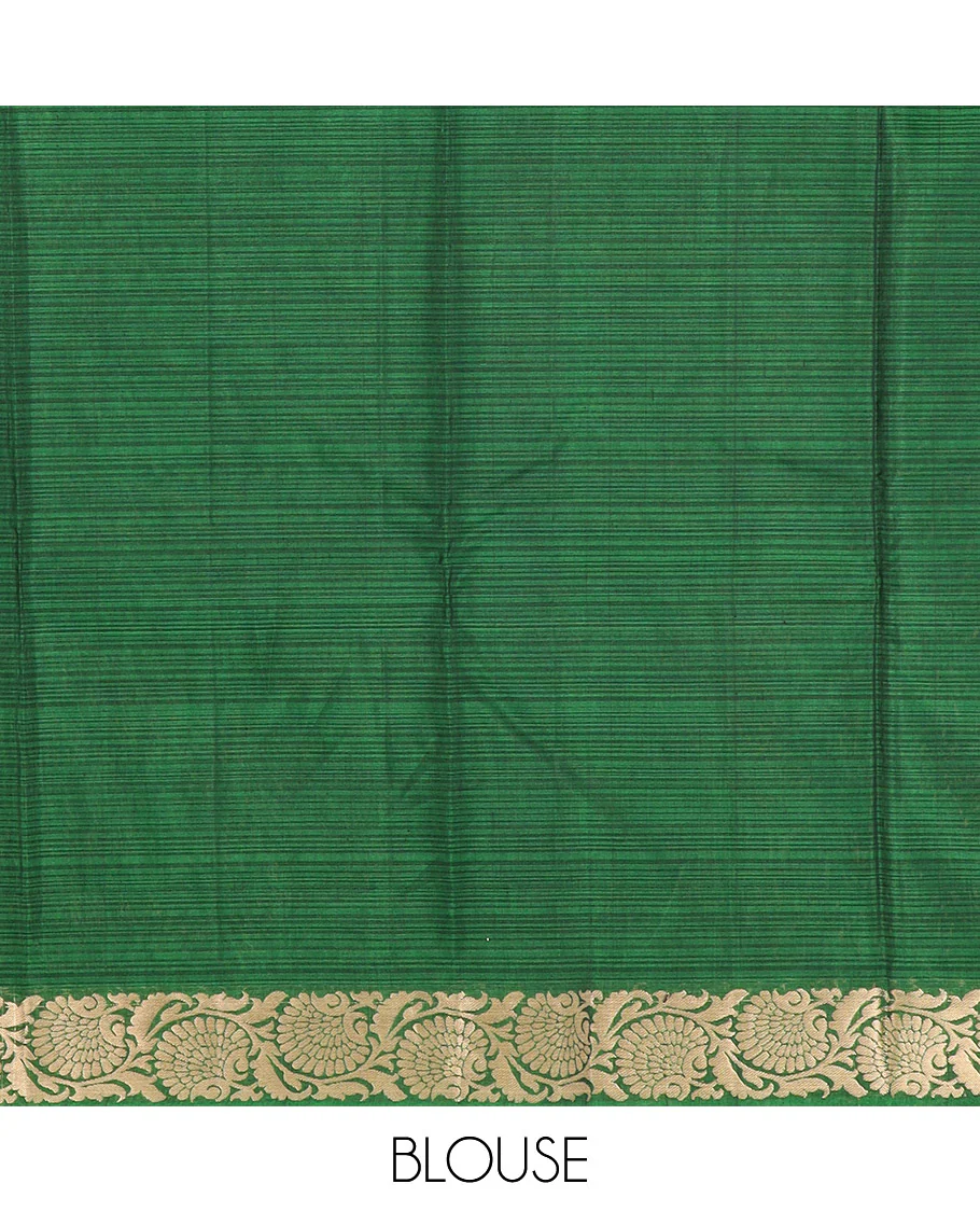 Green Silk Cotton Saree Detailed with Buttas All Over the Body, Complemented by a Contrast Floral Creeper Zari Border, Featuring a Contrast Pallu of Floral Zari Designs, and Paired with a Contrast Blouse - Image 4