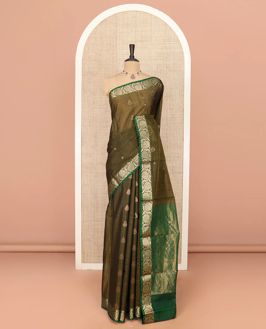Green Silk Cotton Saree Embellished with Buttas All Over the Body, Complemented by a Contrast Floral Creeper Zari Border, Featuring a Contrast Pallu of Floral Zari Designs, and Paired with a Contrast Blouse - Image 3