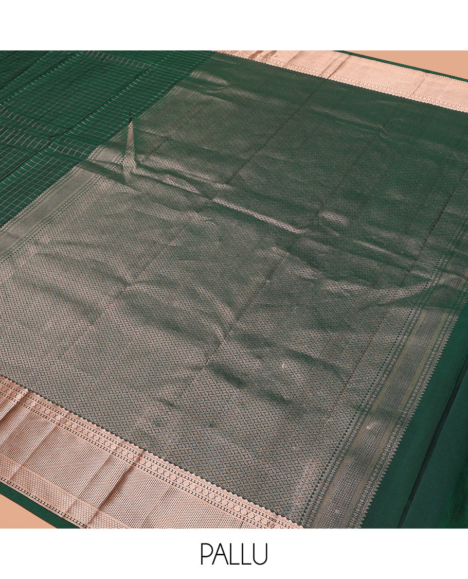 Green Vasundhara Silk Saree Beautifully Bedecked with Checks, Highlighted by a Zari Border of Rudraksham, Ara Maadam, and Mayil Kann Designs, Delicately Woven Geometric Patterned Pallu, and Paired with a Matching Blouse - Image 5