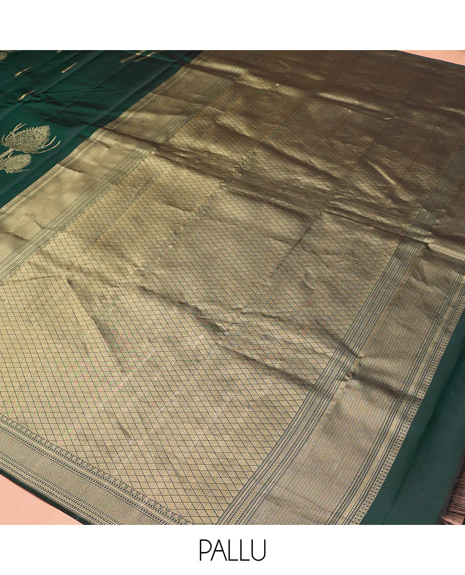Green Vasundhara Silk Saree Creatively Designed with Thazampoo Rekku Buttas and Vel Buttas, Highlighted with a Zari Border of Manga, Muthu, Kathir, Neli, and Vanki Designs, Subtly Sparkled Pallu of Jaal Design, and Paired with a Matching Blouse - Image 5