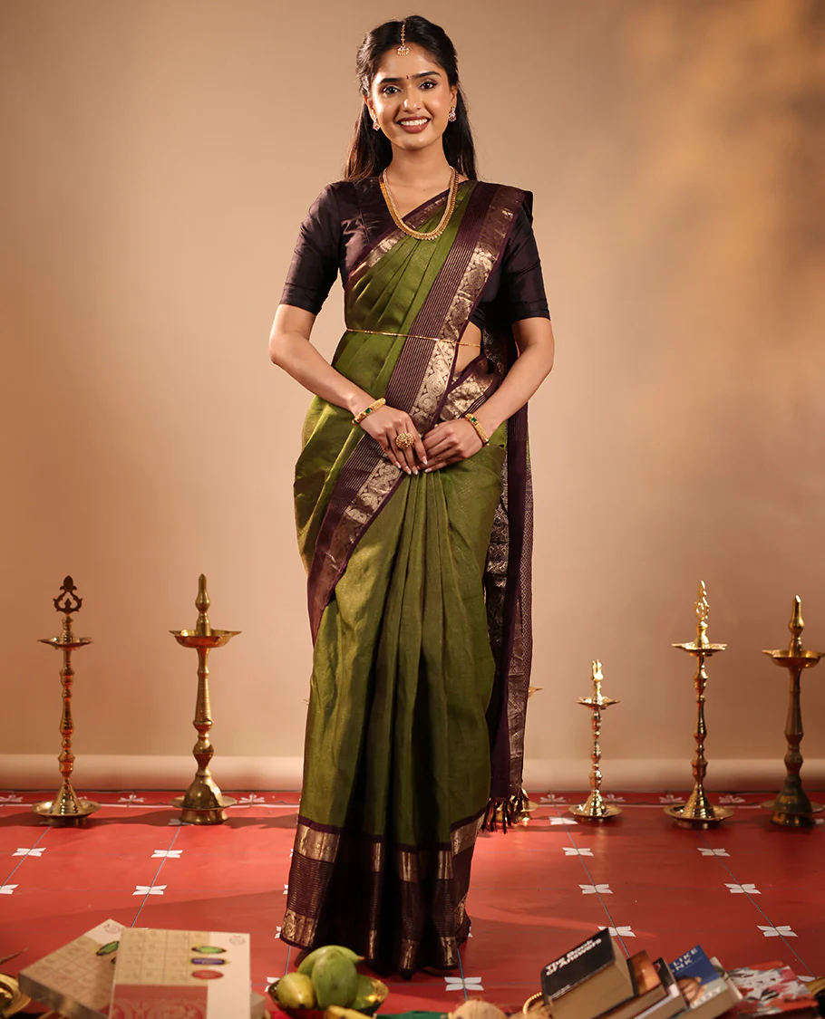 Green Vasundhara Silk Saree Mesmerized with Zari Micro-Checks All Over Its Body, Complemented by a   Contrast Border of Rekku, Kamalam, Mayil Kann, Yaanai and Mayil Designs, Subtly Sparkled Pallu of Jaal Designs, and Paired with a Contrast Blouse - Image 3