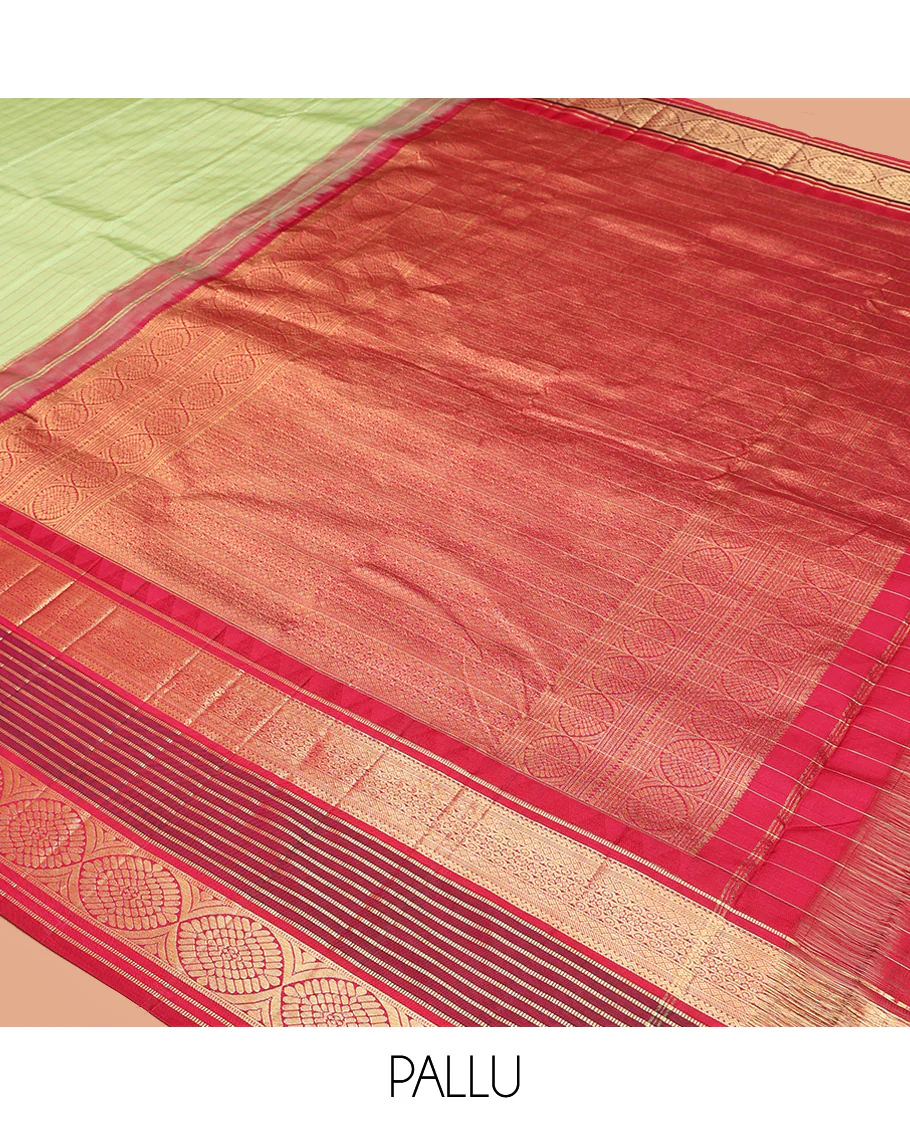 Green Vasundhara Silk Saree Subtly Sparkled with Stripes, Highlighted by a Contrast Border of Muthu, Diamond, Kamalam, and Laddu Kamalam Designs, Delicately Woven Pallu of Intricate Designs, and Paired with a Contrast Blouse - Image 5