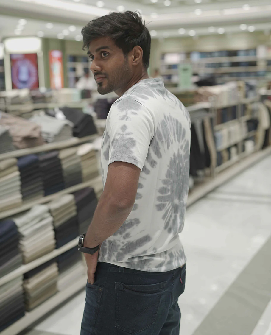 Grey Cotton-Blended T-Shirt, Subtly Designed with Tie-Dye Style Shibori Print, Comes with a Crew-Neck, Half-Sleeves, Slim Fit, and Regular Length - Image 5