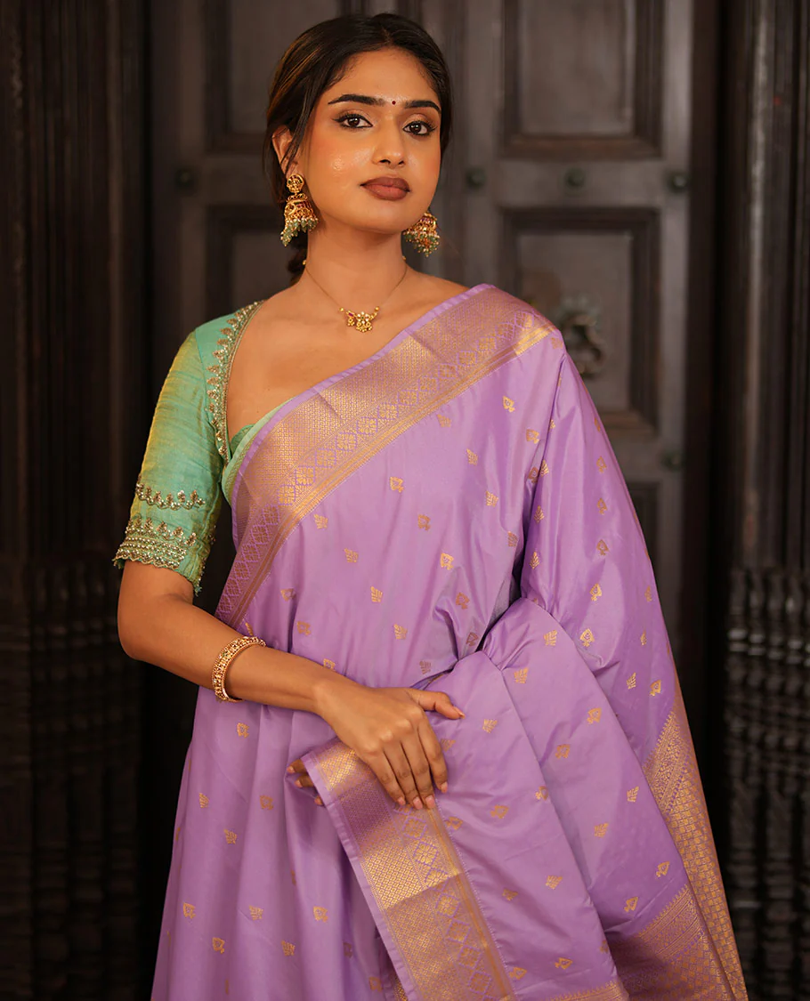 Lavender Gift Saree, Elevated with Zari Buttas All Over Its Body, Highlighted by a Traditional Zari Design Border, Grand Pallu of Jaal Designs, and Paired with a Matching Blouse - Image 3