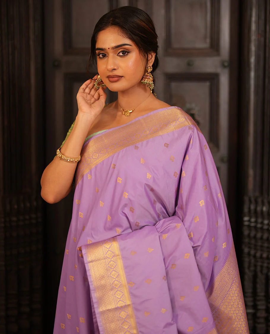 Lavender Gift Saree, Elevated with Zari Buttas All Over Its Body, Highlighted by a Traditional Zari Design Border, Grand Pallu of Jaal Designs, and Paired with a Matching Blouse - Image 4