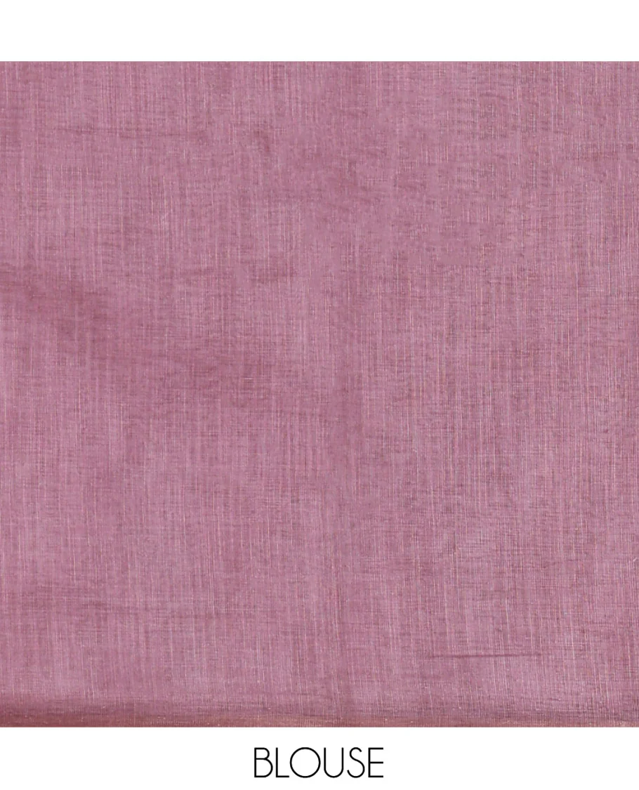 Light Mauve Linen Saree Creatively Printed with Girl Face and Floral Motifs All Over Its Body, Subtly Sparkled with Piping Zari Border, Pallu Mirrors the Same Body Print, and Paired with a Contrast Blouse - Image 3