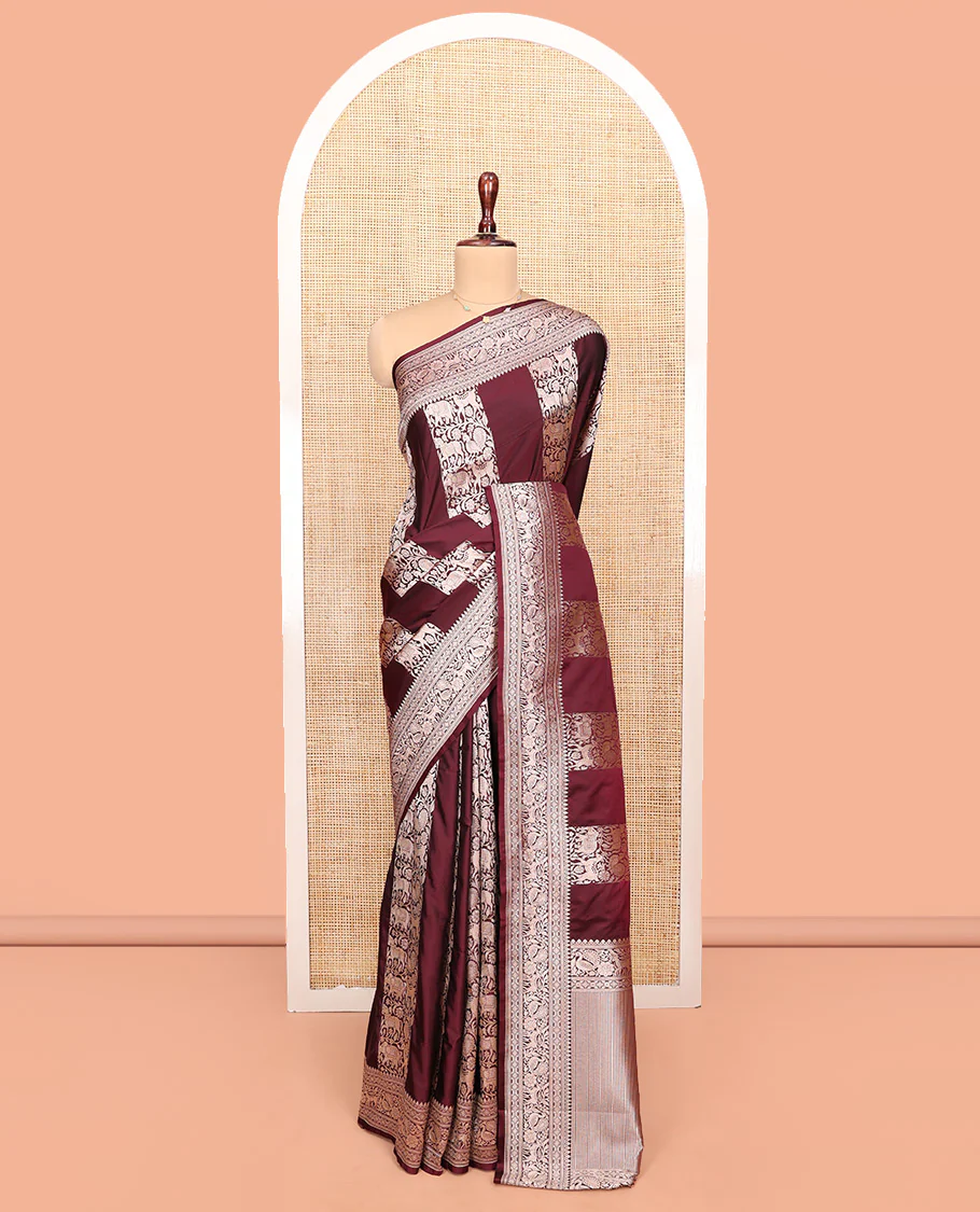 Maroon Semi-Banaras Silk Saree, Impeccably Detailed with Animal-themed Jacquard Designs on Its Body, Highlighted by a Zari Border of Traditional Designs, Pallu Steeped with Stripes, and Paired with a Matching Blouse - Image 3