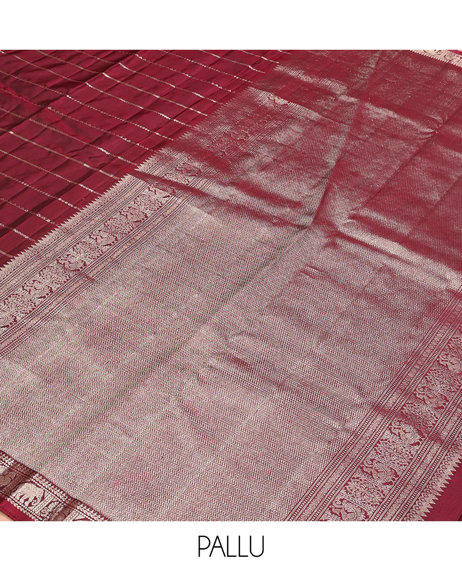 Maroon zari design Kanchipuram silk saree, zari border of reeku, kathir, muthu, yaanai, and mayil designs, and vanki design pallu - Image 5