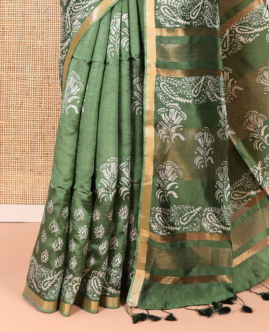 Mehendi Green Banana Pith Saree Enthralled with Floral Motifs Discharge Print All Over Its Body, Zari Bavanji Border, Pallu Subtly Woven in Floral-Paisley Print and Zari Weave, and Paired with a Matching Blouse - Image 3