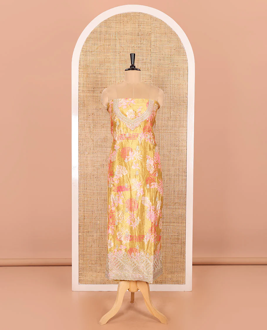 Mustard Material Chudidar Set Elevated with Floral-Geometric Printed with Neck Embroidered Chinon Top, Subtly Made Plain Santoon Bottom, and a Chinon Dupatta Featuring Printed Border, and Glitter Dots - Image 4