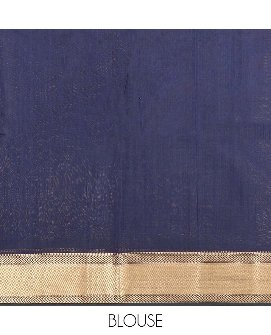 Navy Blue Maheshwari Cotton Saree Prettified with Floral Buttas, Highlighted with a Traditional Zari Design Border, Pallu Adorned with Zari Stripes and Floral Buttas, and Paired with a Matching Blouse - Image 5