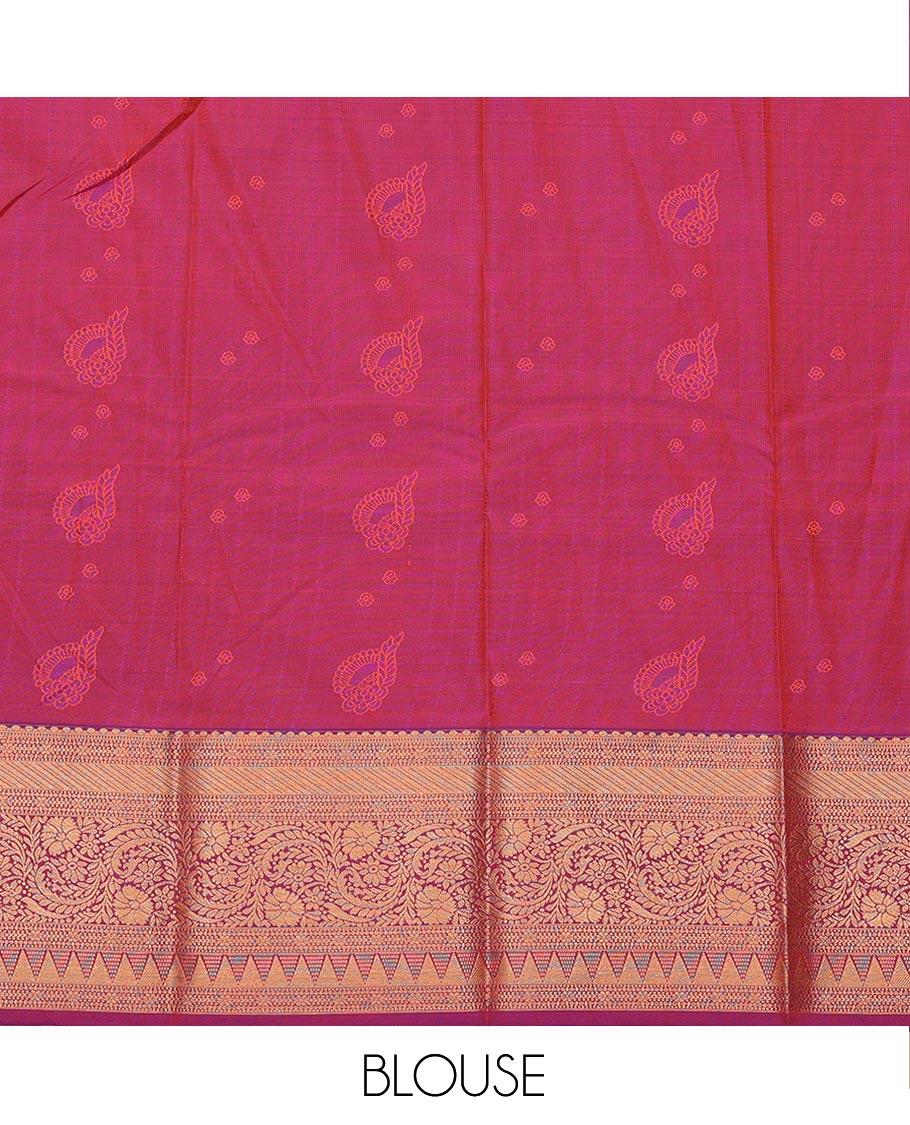 Orange Art Silk Pavadai Material Set, Charmingly Accented with Zari Designs on Its Skirt, Complemented by a Contrast Traditional Zari Design Border, and Paired with a Contrast Blouse - Image 4