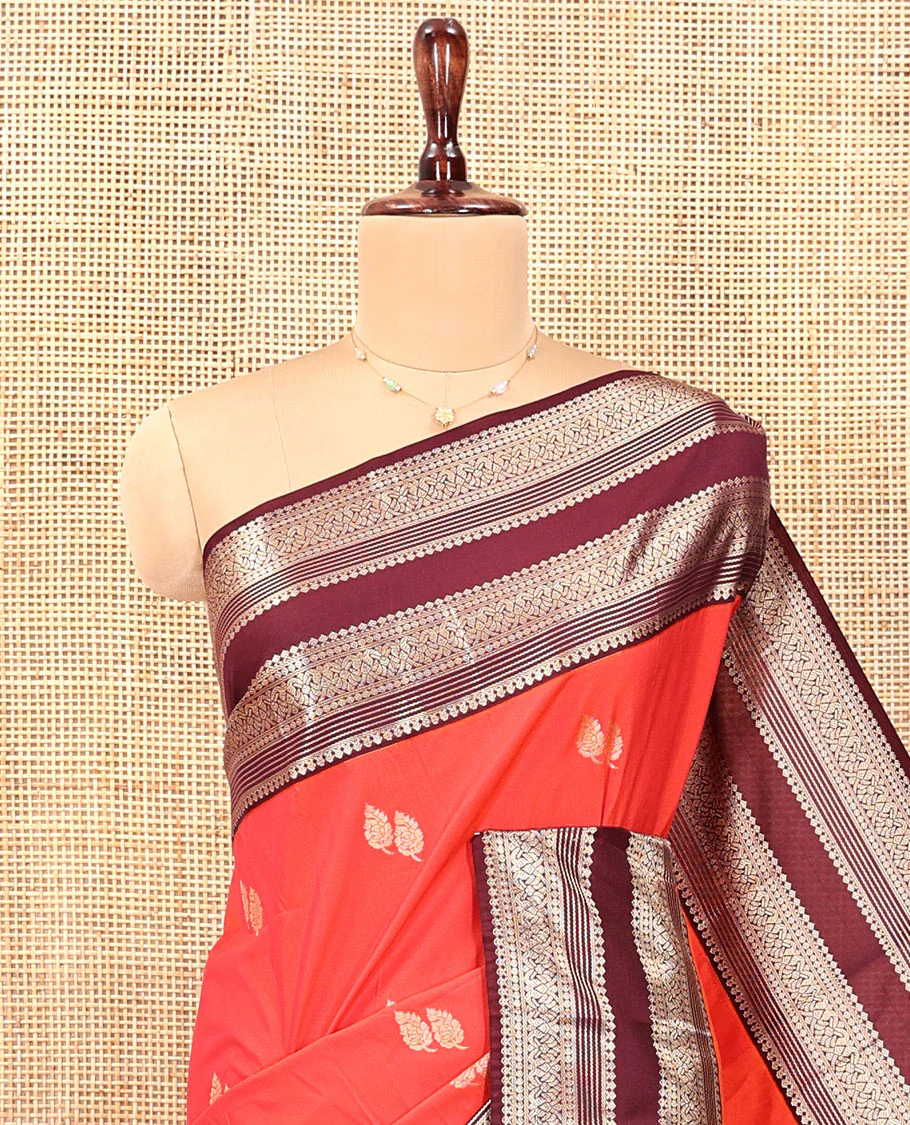 Orange-Brown Budget Silk Saree, Enriched with Leaf Zari Buttas, Contrast Rettai Pettu Traditional Zari Design Border, Grand Jaal Pallu, and Contrast Blouse - Image 4