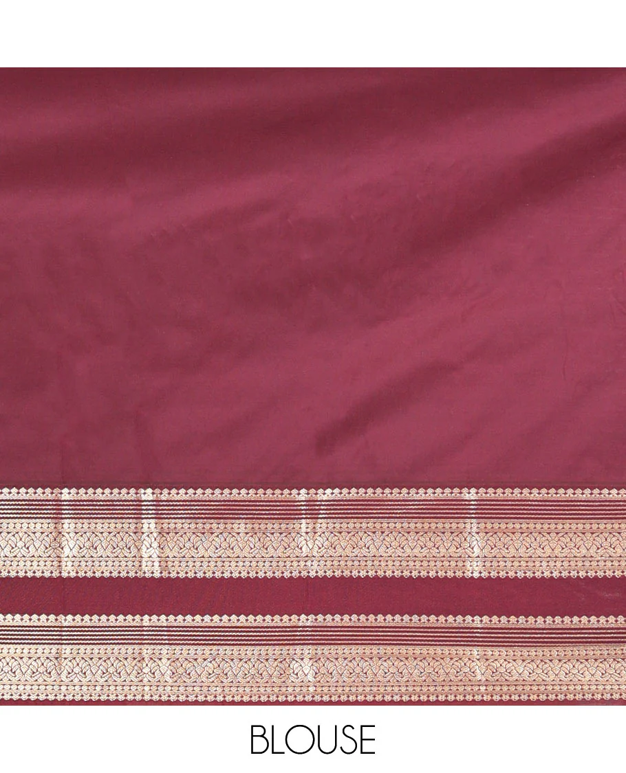 Orange-Brown Budget Silk Saree, Enriched with Leaf Zari Buttas, Contrast Rettai Pettu Traditional Zari Design Border, Grand Jaal Pallu, and Contrast Blouse - Image 6