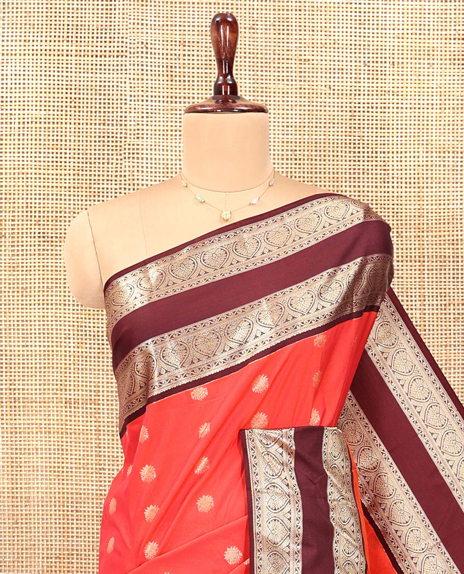 Orange-Brown Budget Silk Saree Features Zari Buttas, Complemented by Contrast Rettai Pettu Traditional Zari Border, Paisleys Pallu, and a Contrast Blouse - Image 4