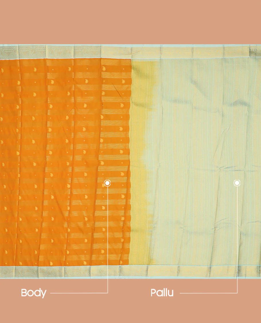 Orange Budget Silk Saree Bedecked with Zari Stripes and Paisley Buttas, Complemented by a Contrast Border of Traditional Zari Designs, Subtly Designed Pallu of Stripes, and Paired with a Contrast Blouse - Image 3