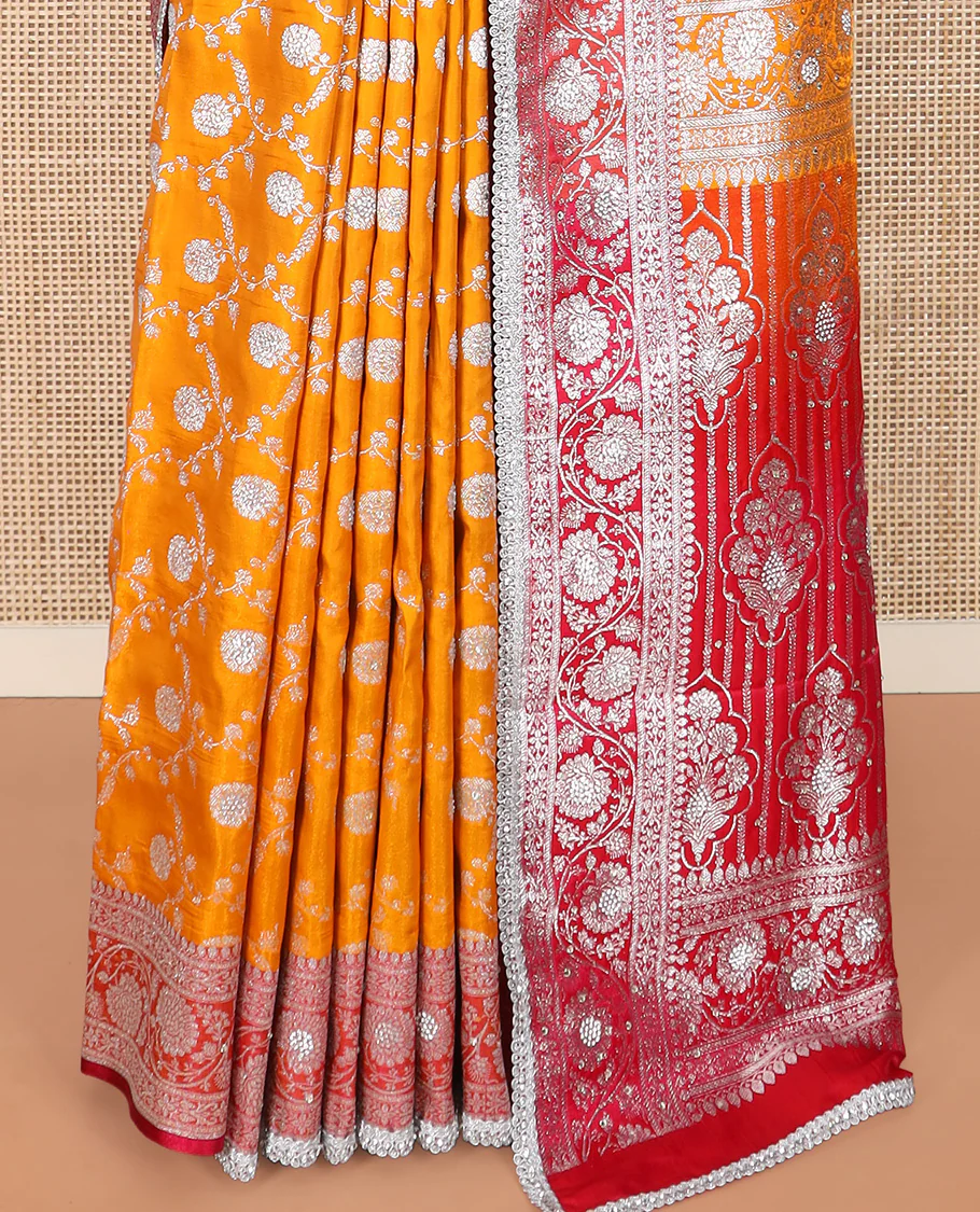 Orange Semi-Banaras Nylon Saree Highlighted with Floral Jaal Jacquard and Stone Work, Complemented by a Contrast Floral Creeper Zari Stone Work Lace Border, Floral Bouquets Themed Pallu Detailed in Zari and Stone Work, and Paired with a Contrast Blouse - Image 4