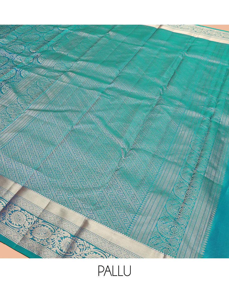 Peacock Blue Kanchipuram Silk Saree Opulently Embellished with Jacquard Design, Highlighted with Zari Border of Rekku, Ogee, and Kodi Visiry Designs, Elegantly Detailed Pallu of Geometric Designs, and Paired with a Matching Blouse - Image 5