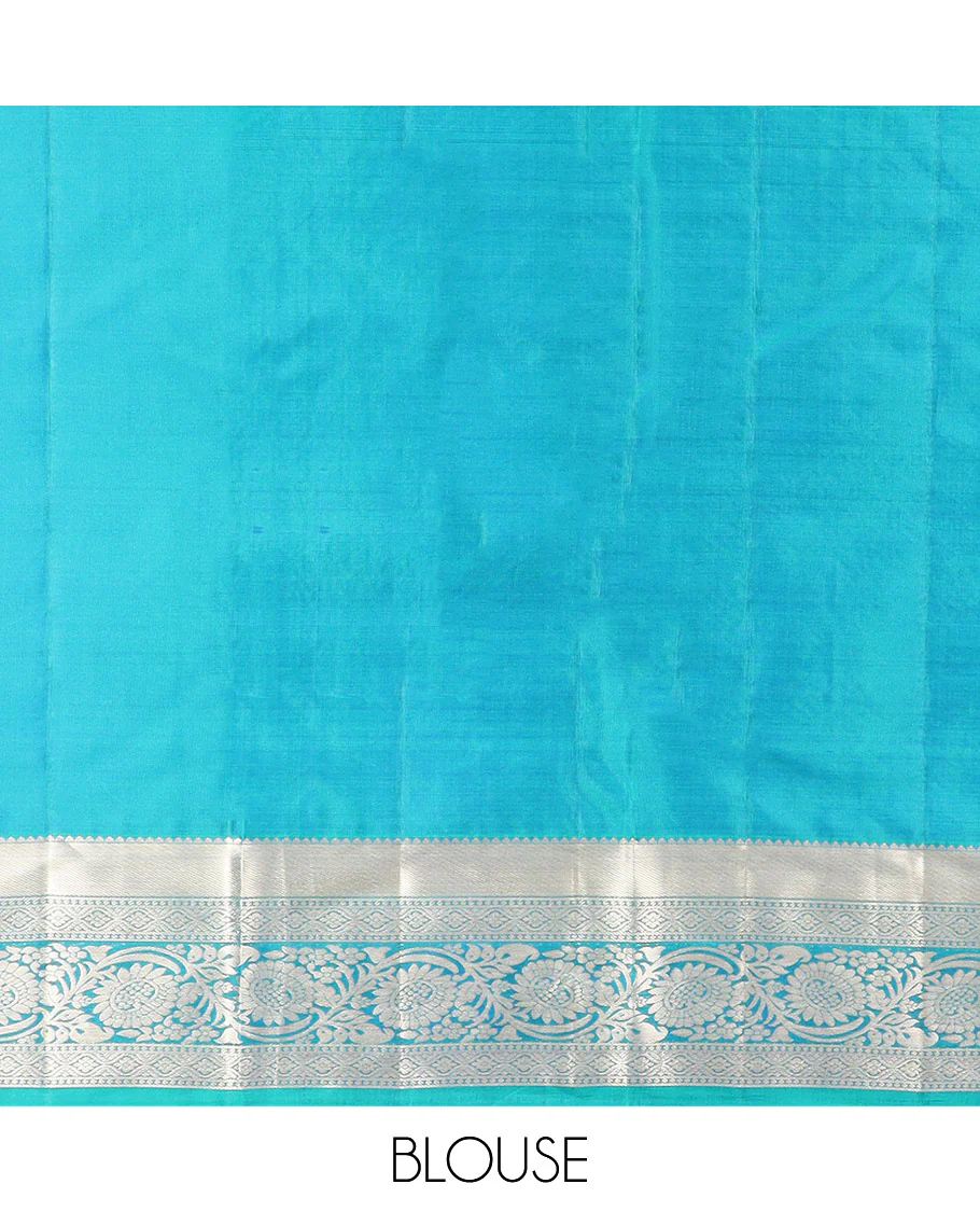 Peacock Blue Kanchipuram Silk Saree Opulently Embellished with Jacquard Design, Highlighted with Zari Border of Rekku, Ogee, and Kodi Visiry Designs, Elegantly Detailed Pallu of Geometric Designs, and Paired with a Matching Blouse - Image 6