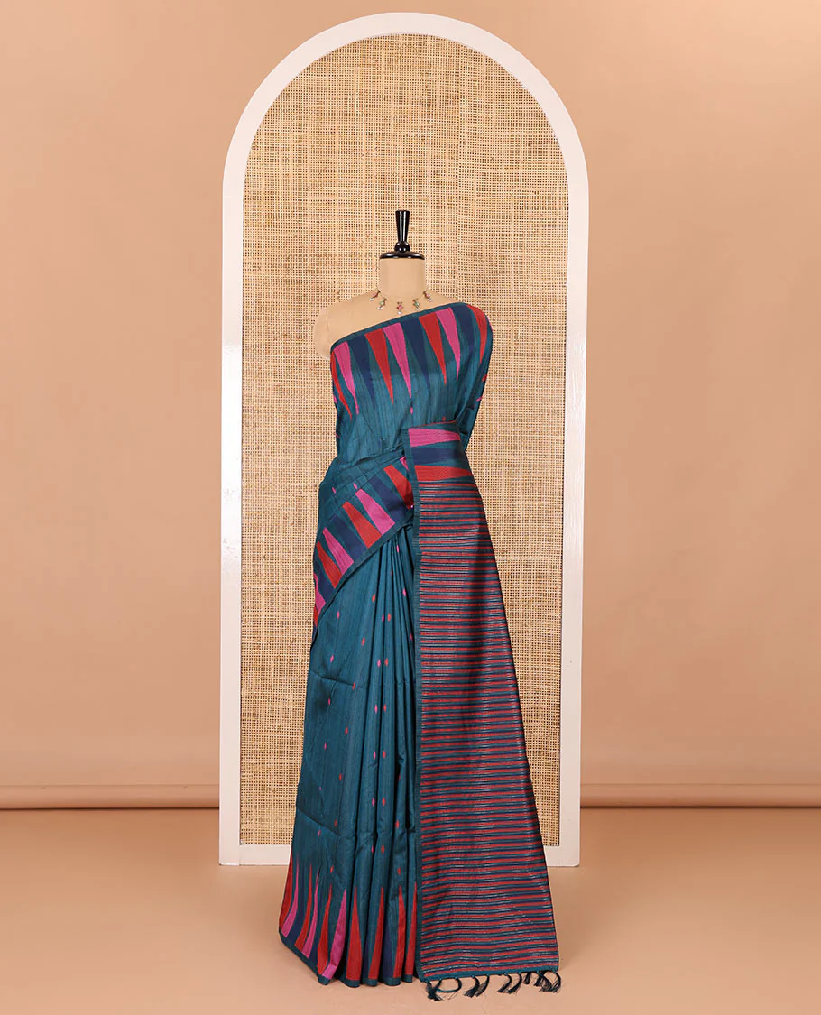 Peacock color thread buttas woven jute cotton saree, multi-color temple border, striped pallu, and a matching striped blouse - Image 2