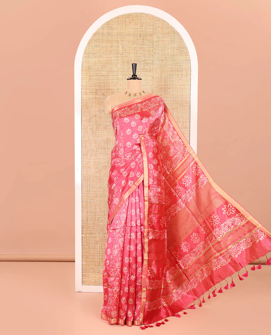 Pink Banana Pith Saree Accentuated with Floral Motifs Discharge Print All Over Its Body, Zari Bavanji Border, Pallu Subtly Woven in Floral Print and Zari Weave, and Paired with a Matching Blouse - Image 4