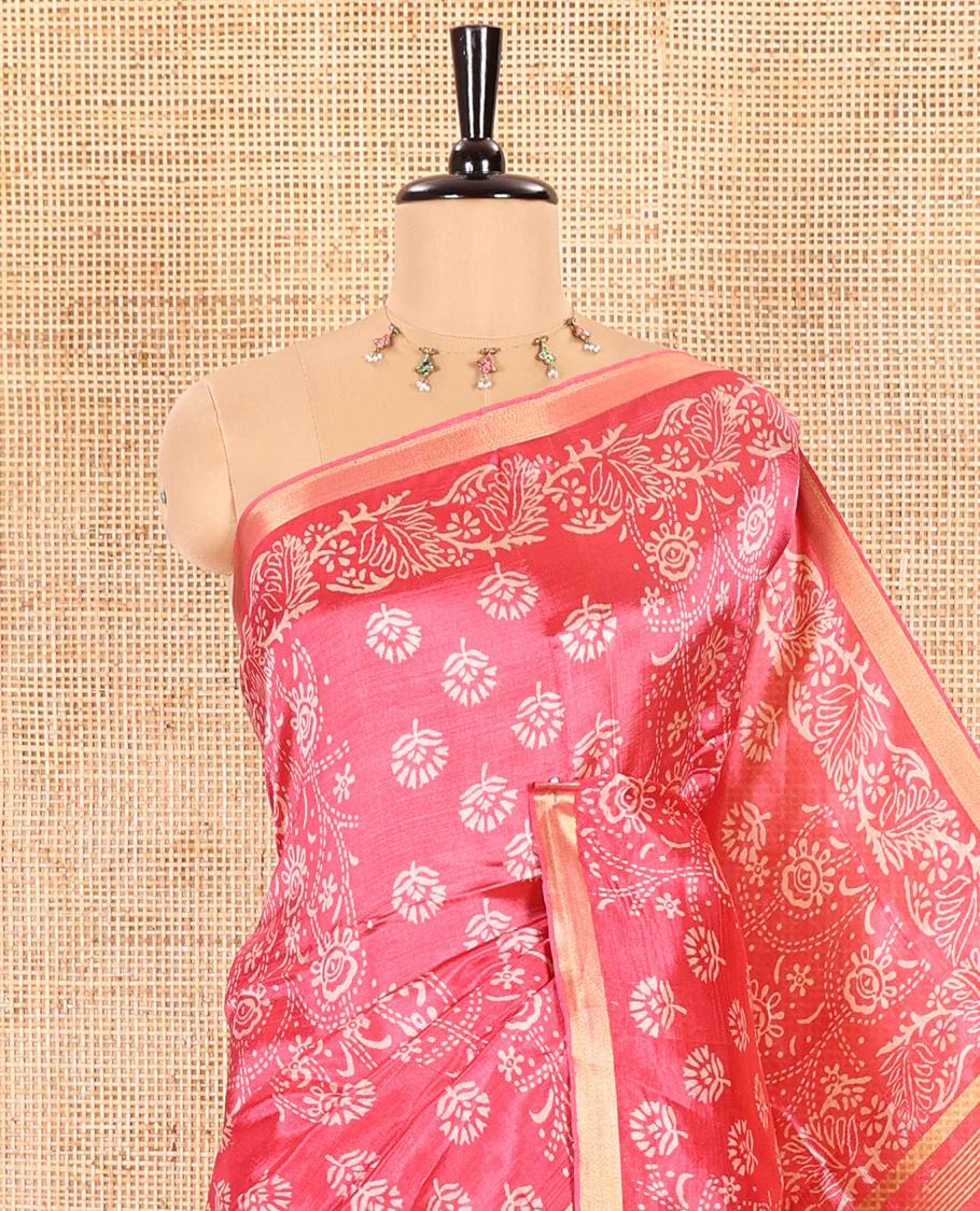 Pink Banana Pith Saree Accentuated with Floral Motifs Discharge Print All Over Its Body, Zari Bavanji Border, Pallu Subtly Woven in Floral Print and Zari Weave, and Paired with a Matching Blouse - Image 5