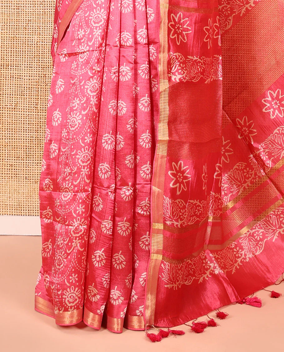 Pink Banana Pith Saree Accentuated with Floral Motifs Discharge Print All Over Its Body, Zari Bavanji Border, Pallu Subtly Woven in Floral Print and Zari Weave, and Paired with a Matching Blouse - Image 6