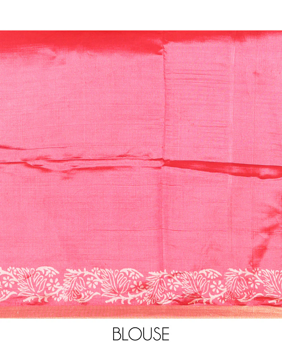 Pink Banana Pith Saree Accentuated with Floral Motifs Discharge Print All Over Its Body, Zari Bavanji Border, Pallu Subtly Woven in Floral Print and Zari Weave, and Paired with a Matching Blouse - Image 7