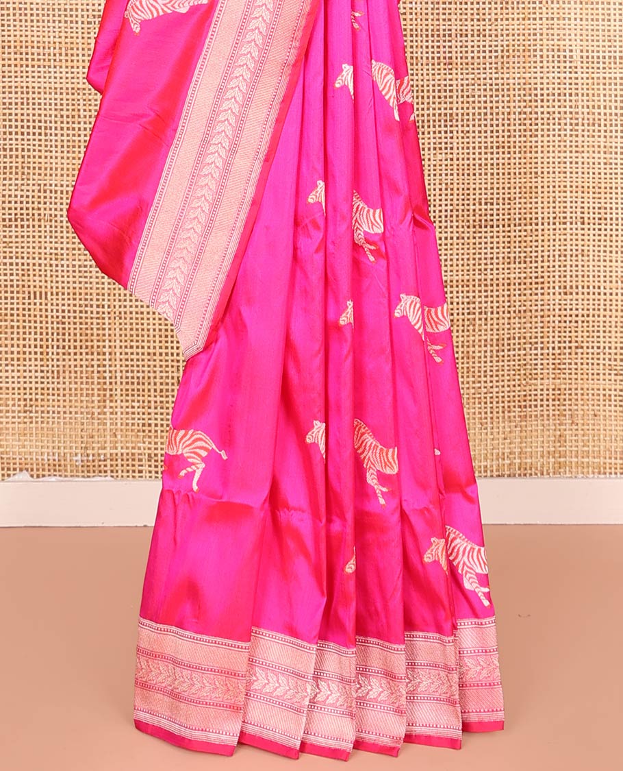 Pink Banarasi Silk Saree Accentuated with Zebra Motifs All Over Its Body, a Subtle Border of Traditional Designs, Pallu Decked Up with Floral and Diamond Designs, and Paired with a Matching Blouse - Image 7