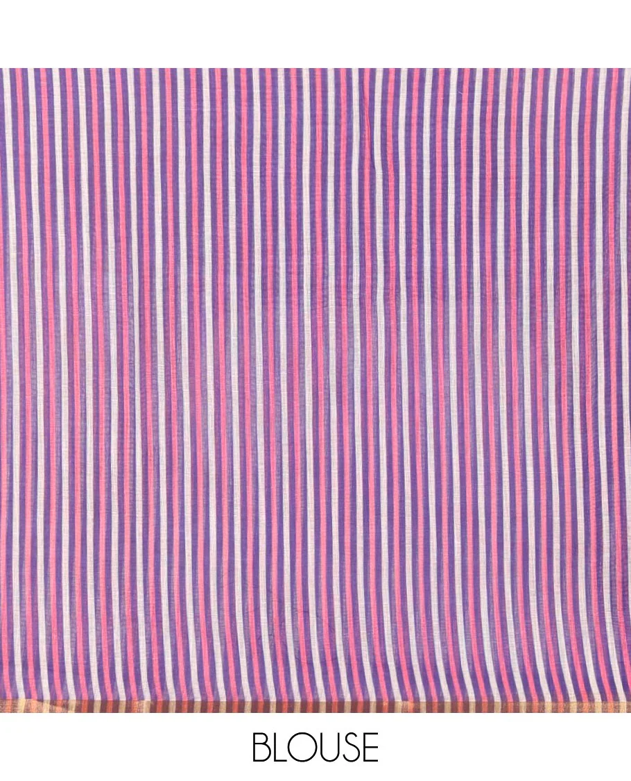 Pink Linen Cotton Saree Delicately Printed with Batik-Style Buttas All Over Its Body, Complemented by a Contrast Temple Zari Piping Border, Striped Pallu, and Paired with a Matching Striped Blouse - Image 3