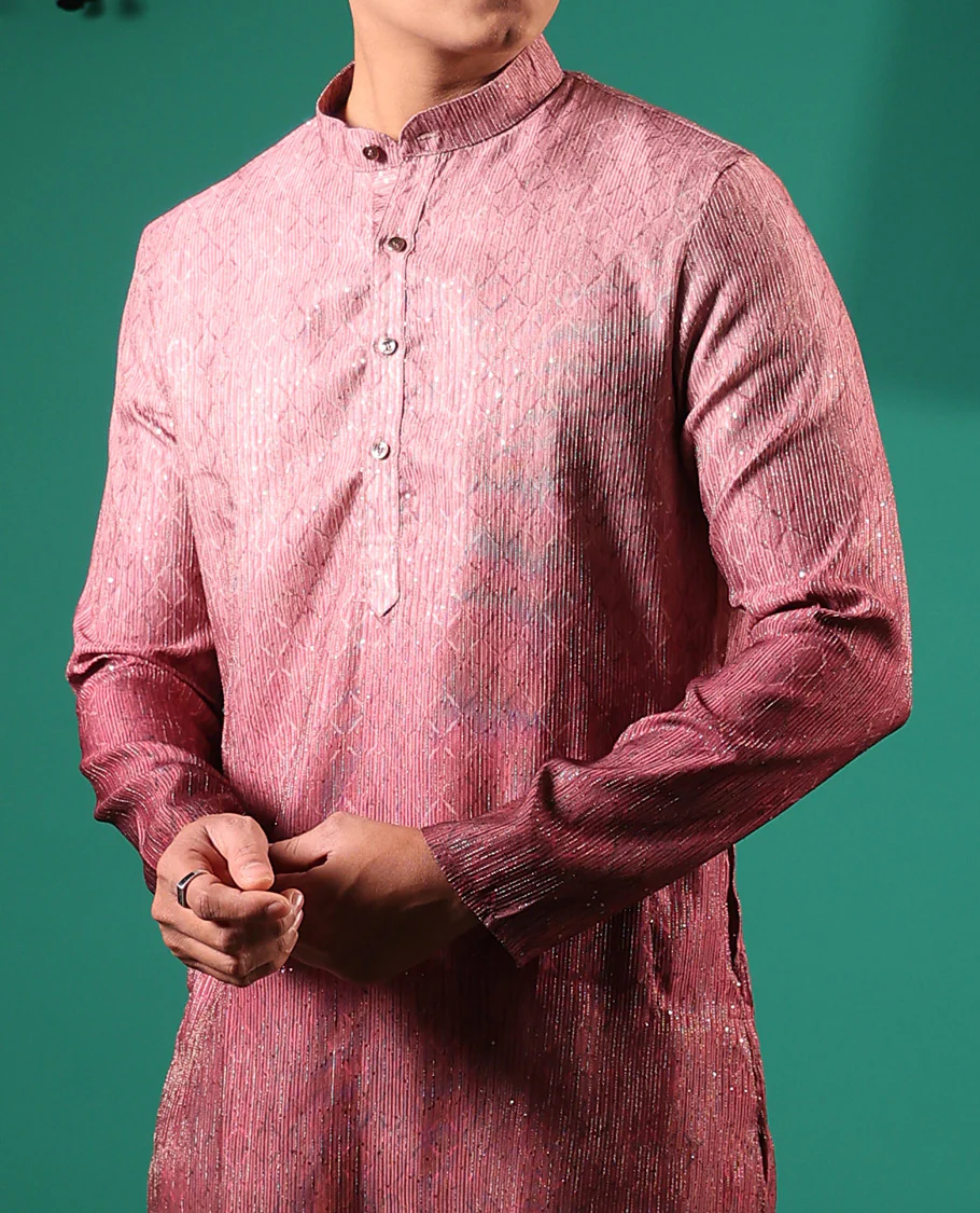 Pink ombre-toned with sequins embroidered jaal patterned full-sleeved men's kurta - Image 4