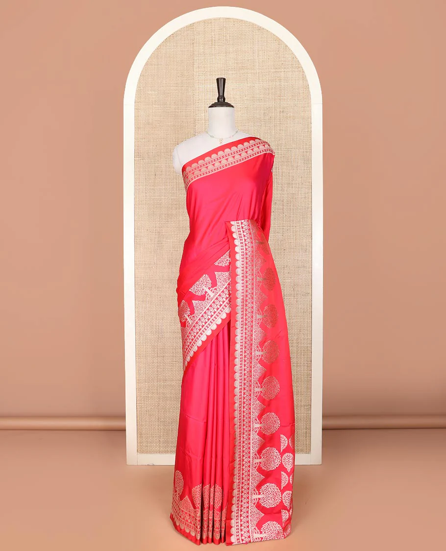 Pink plain mushru silk saree, self-border of scallop design, floral, and tree motifs, and intricately designed pallu - Image 2