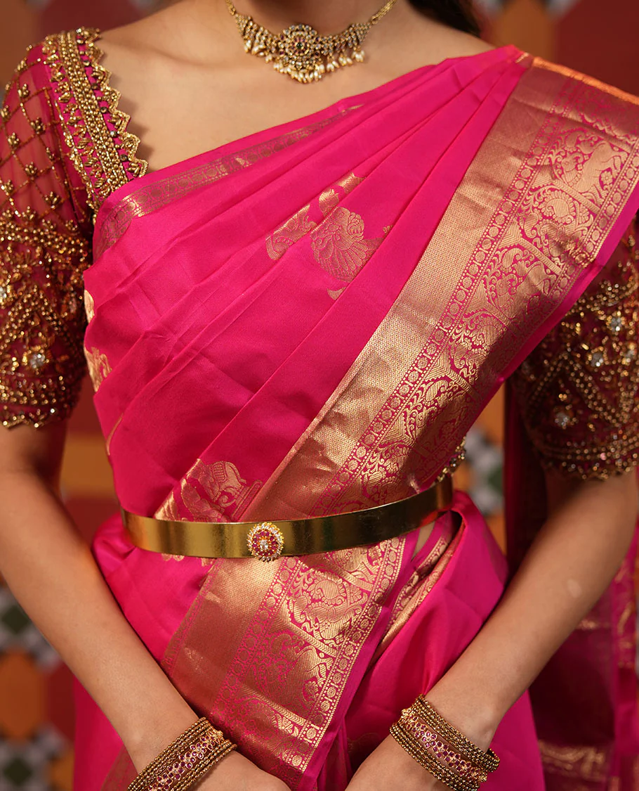 Pink singam and yaanai zari buttas woven Vasundhara silk saree, zari border of mayil kann, rudraksham, muthu, mayil, and yaali designs, and intricate pallu - Image 2