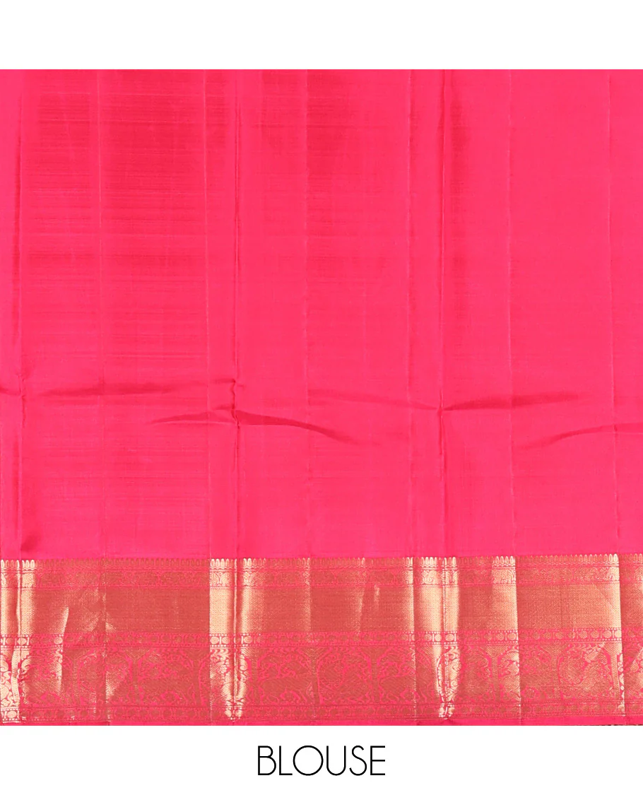 Pink singam and yaanai zari buttas woven Vasundhara silk saree, zari border of mayil kann, rudraksham, muthu, mayil, and yaali designs, and intricate pallu - Image 6