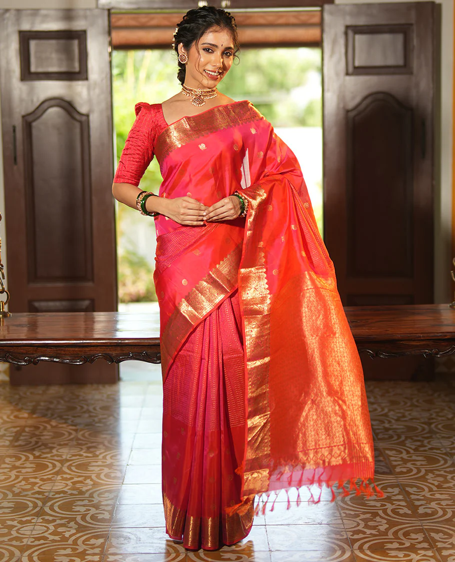 Pink Vasundhara Lite Silk Mix Saree, Artfully Detailed with Mayil-Chakram Buttas and Zari Checks All Over Its Body, Highlighted by a Zari Border of Thazampoo Rekkum, Paisa, Mayil, and Chakram Designs, a Grand Pallu, and Paired with a Matching Blouse - Image 4