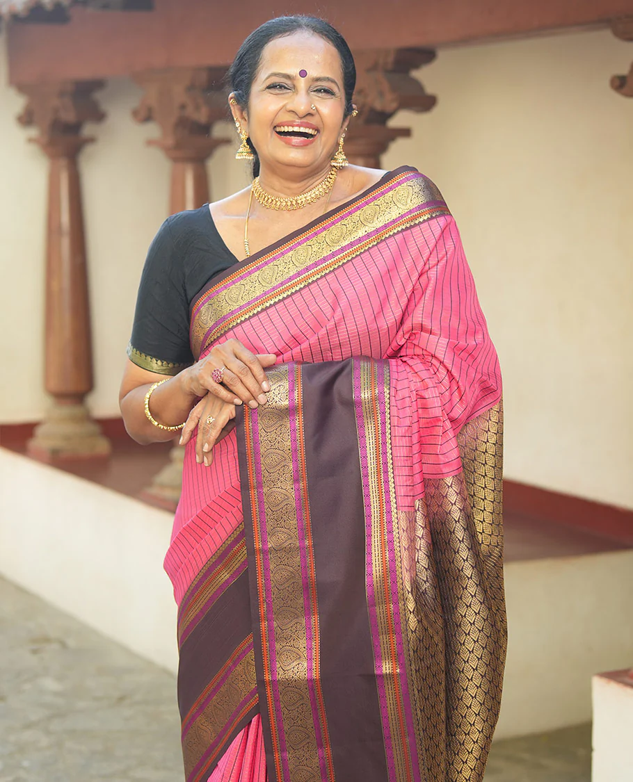 Pink Vasundhara Lite Silk Saree, Subtly Detailed with Thread and Zari Stripes, Complemented by Contrast Rettai Pettu Border of Salngai, Cross Kamalam, Muthu, Kathir, Diamond, and Arumbu Manga Designs, Grand Jaal Pallu, and Paired with a Contrast Blouse - Image 5