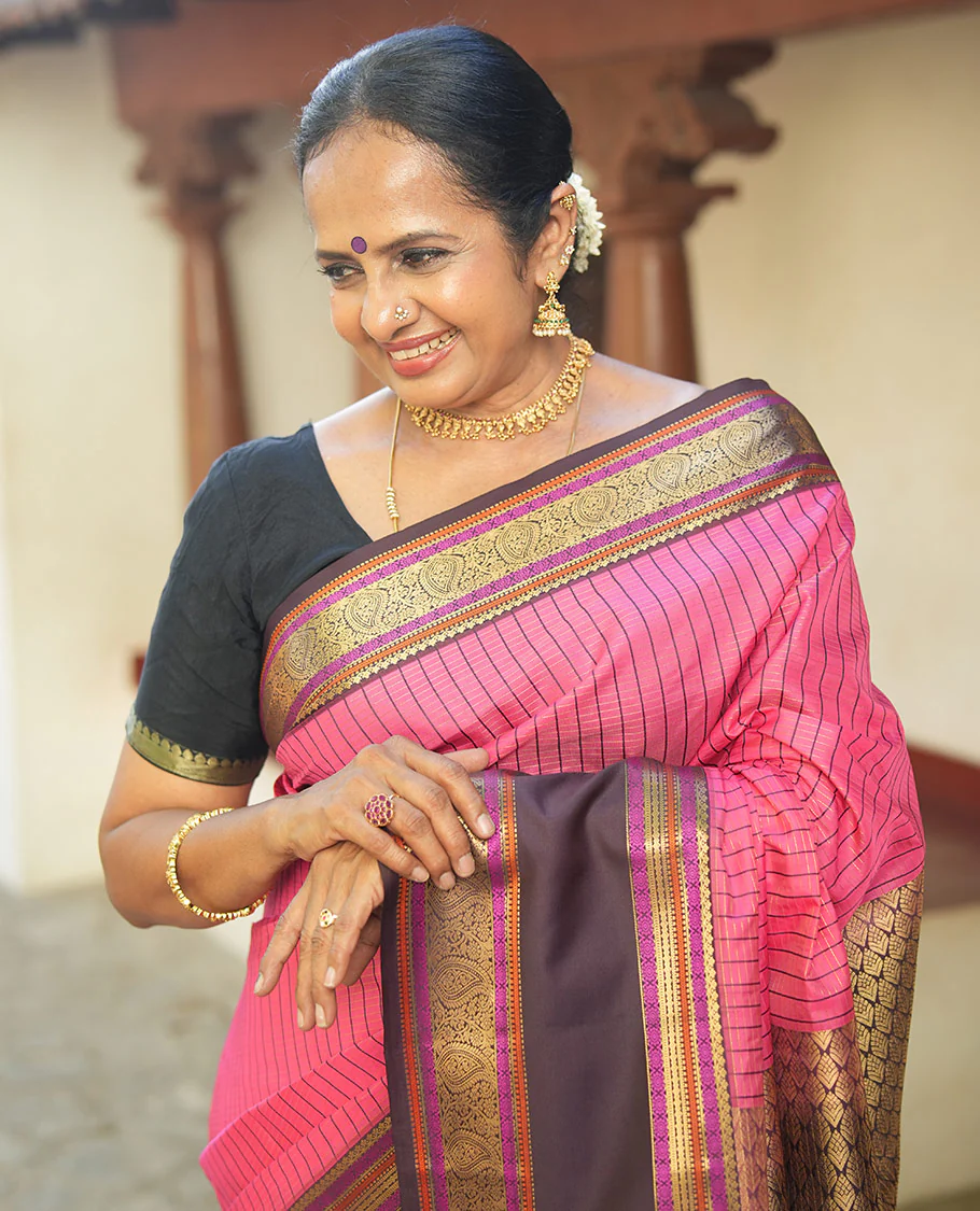 Pink Vasundhara Lite Silk Saree, Subtly Detailed with Thread and Zari Stripes, Complemented by Contrast Rettai Pettu Border of Salngai, Cross Kamalam, Muthu, Kathir, Diamond, and Arumbu Manga Designs, Grand Jaal Pallu, and Paired with a Contrast Blouse - Image 6