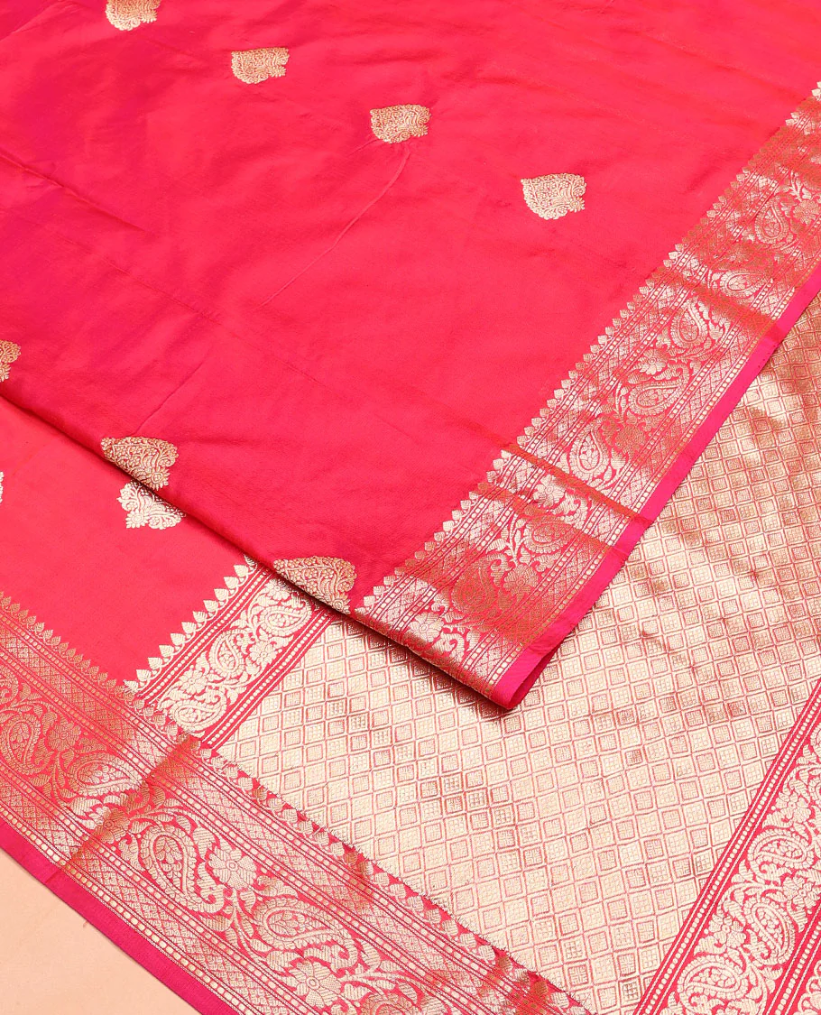 Pink zari buttas kathan silk saree, traditional border of paisley creeper designs, and jaal pallu - Image 2