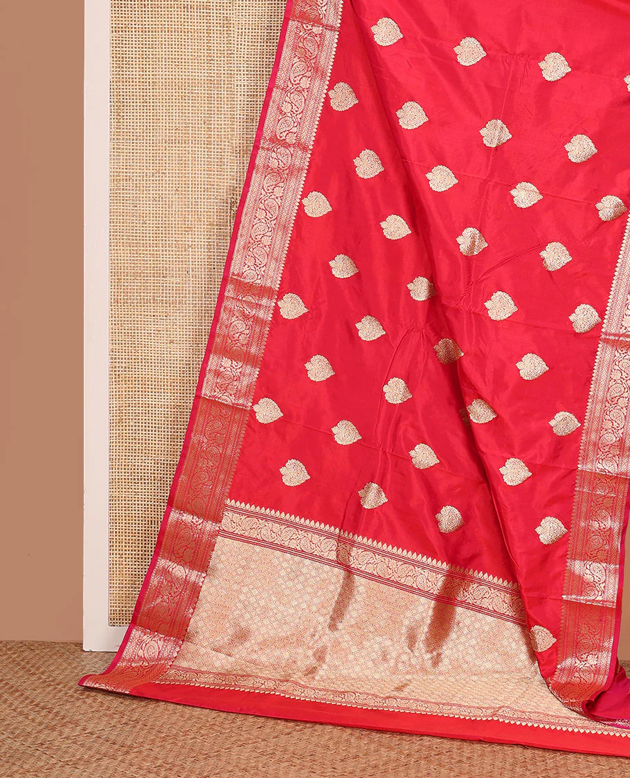 Pink zari buttas kathan silk saree, traditional border of paisley creeper designs, and jaal pallu - Image 3