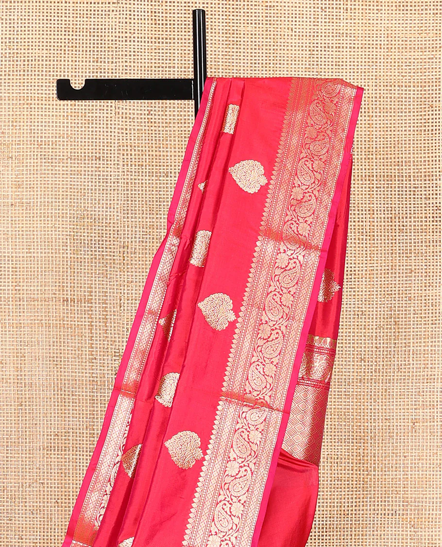 Pink zari buttas kathan silk saree, traditional border of paisley creeper designs, and jaal pallu - Image 4