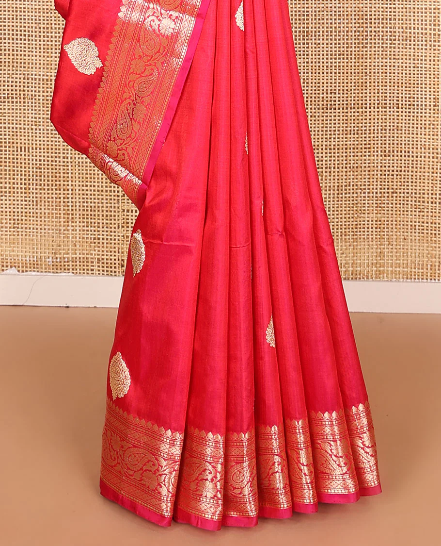 Pink zari buttas kathan silk saree, traditional border of paisley creeper designs, and jaal pallu - Image 5