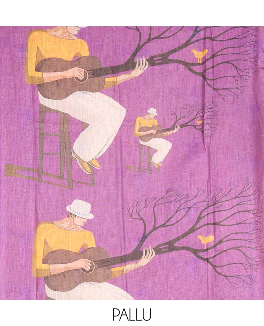 Purple Linen Cotton Saree, Depicting Men with a Guitar Motif Printed All Over Its Body, Complemented by Contrast Piping Border, Pallu Pictures a Men with a Guitar Motif, and Paired with a Contrast Blouse - Image 3