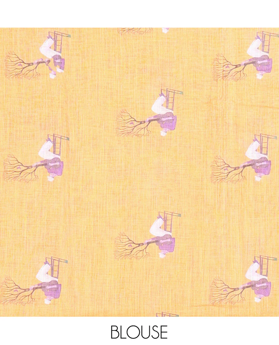 Purple Linen Cotton Saree, Depicting Men with a Guitar Motif Printed All Over Its Body, Complemented by Contrast Piping Border, Pallu Pictures a Men with a Guitar Motif, and Paired with a Contrast Blouse - Image 4