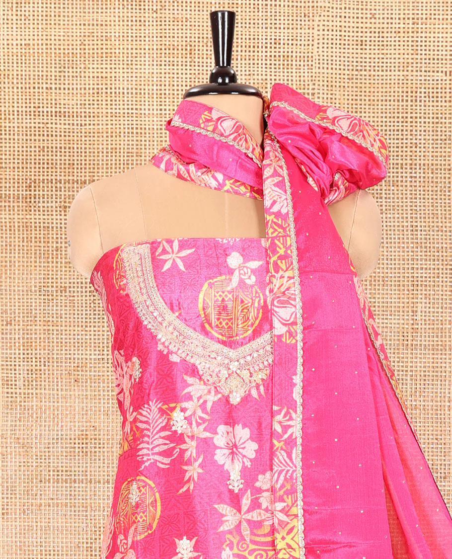 Rani Pink Material Chudidar Set Adorned with Floral-Geometric Printed with Neck Embroidered Chinon Top, Subtly Made Plain Santoon Bottom, and a Chinon Dupatta Featuring Printed Border, and Glitter Dots - Image 3