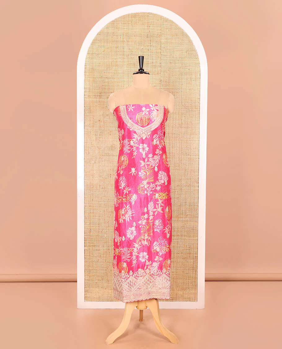 Rani Pink Material Chudidar Set Adorned with Floral-Geometric Printed with Neck Embroidered Chinon Top, Subtly Made Plain Santoon Bottom, and a Chinon Dupatta Featuring Printed Border, and Glitter Dots - Image 4