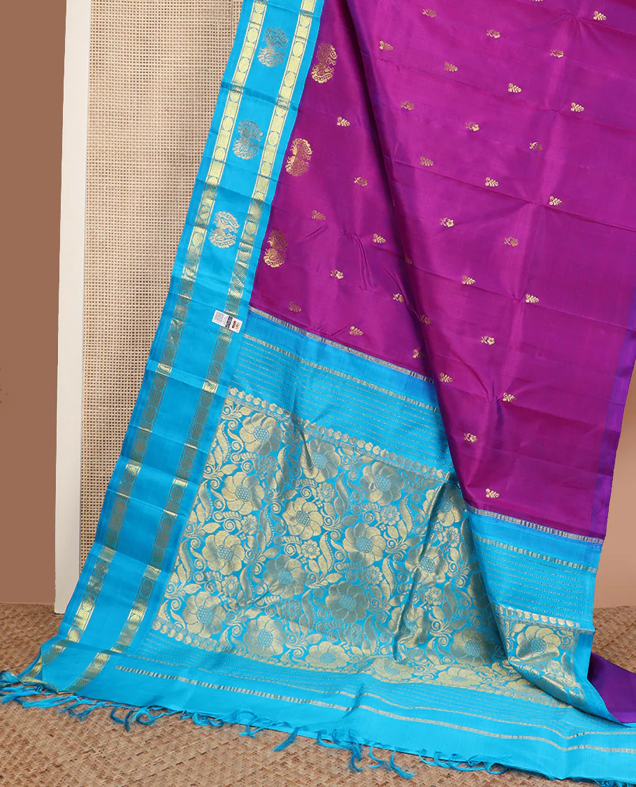Rani pink zari buttas Kanchipuram silk saree, contrast korvai rettai pettu poun design border & floral design pallu - Image 2
