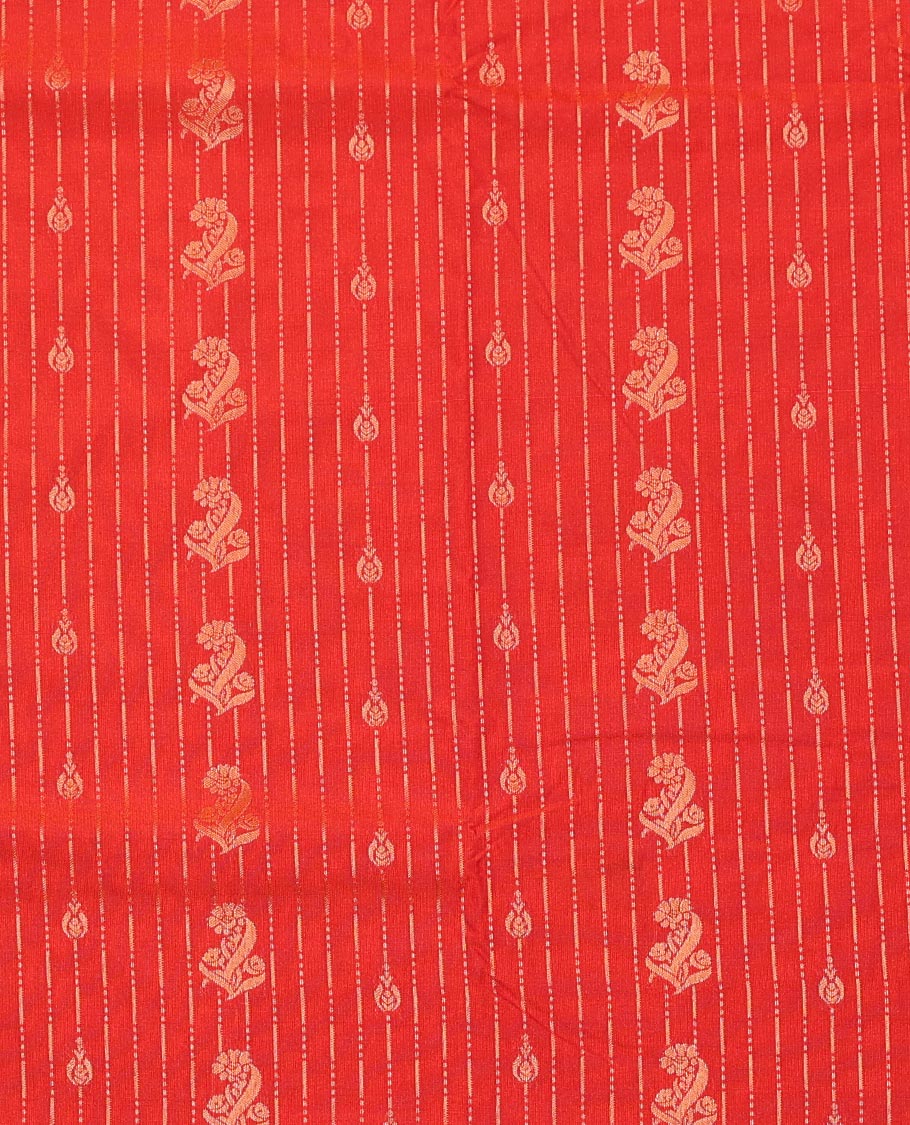 Red Art Silk Pavadai Material Set, Beautified with Zari Designs on Its Skirt, Complemented by a Contrast Traditional Zari Design Border, and Paired with a Contrast Blouse - Image 3